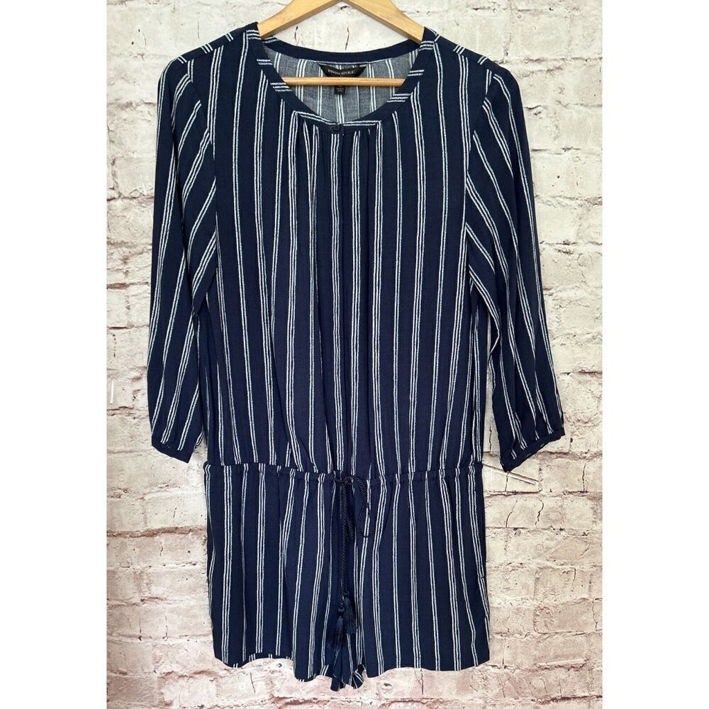 Banana Republic Womens M Romper Navy Stripe Button Front 3/4 Sleeve Rayon NEW